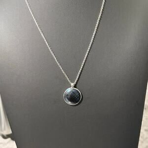 Burberry Silver Tone Rolo Chain Necklace Iridescent Blue Check Dome Pendant
